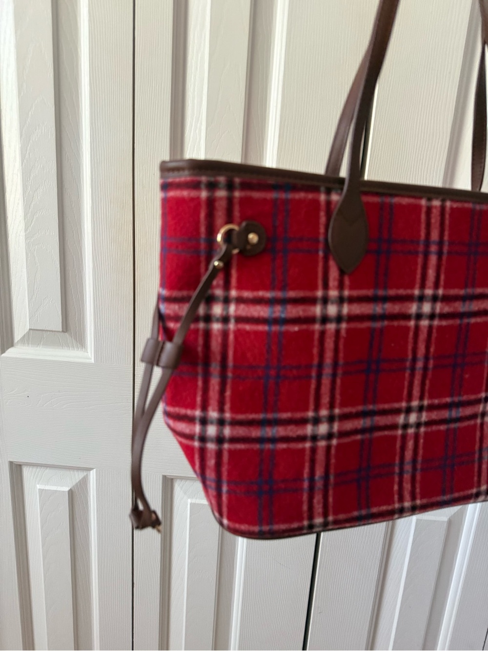 Plaid Red Tote Bag with Brown Trim - Women Bags and matching mini bag - Picture 6 of 11